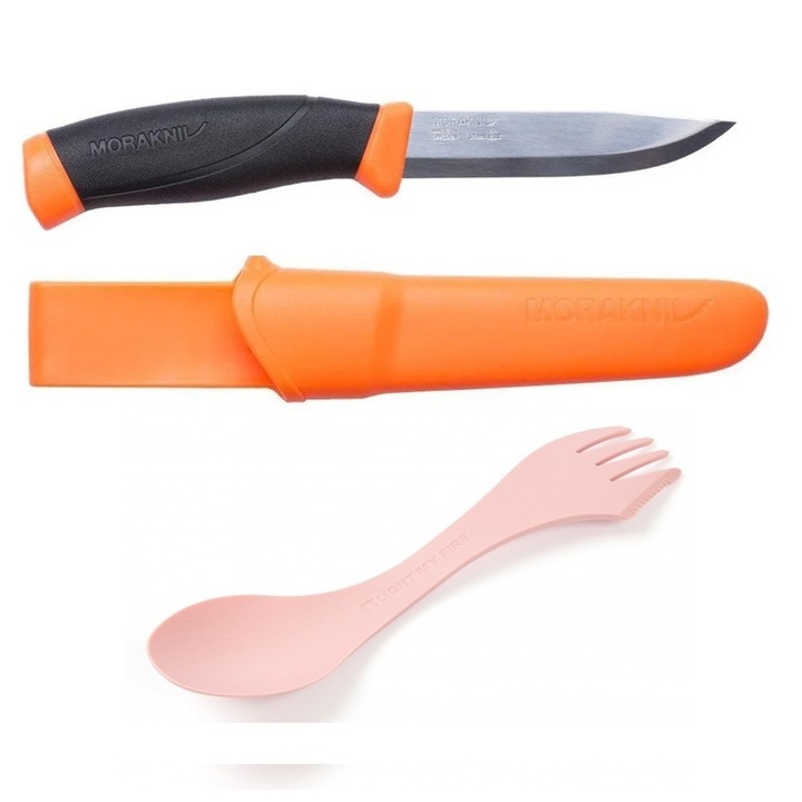 Pachet promo Cutit Morakniv Companion portocaliusi Spork original bio, Light My Fire