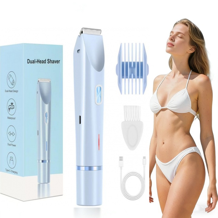 Епилатор 2-в-1 за жени, Esther Beauty®, тример за бикини и интимни зони с подвижна глава, зареждане Type-C, водоустойчив - за подмишници, крака, ръце и лице (Син)