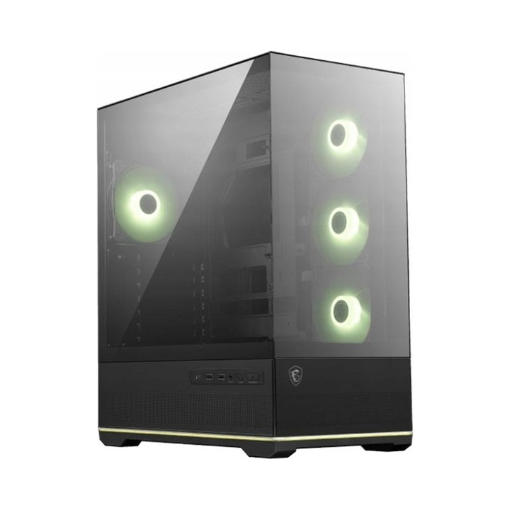 MSI MAG PANO 110R Midi Tower ház, 3 ventilátor, üveg oldallap, fekete, 225x485x420mm