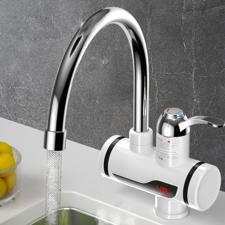 Robinet electric instant pentru apă caldă, 3000W, afisaj LED, alb