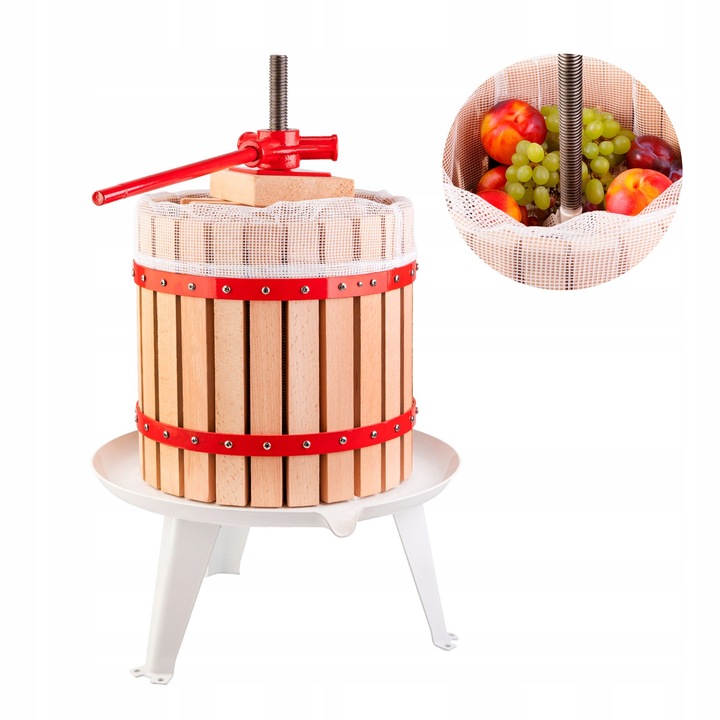 Presa manuală pentru fructe SuperButelki, cu surub, 12l, diametru 24cm, cos din lemn de fag, bază emailată