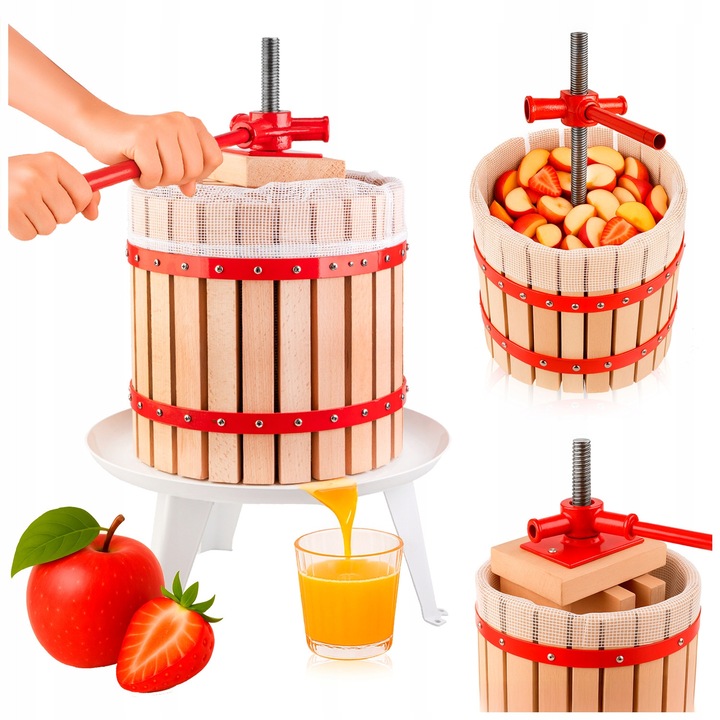 Presa manuală pentru fructe SuperButelki, cu surub, 12l, diametru 24cm, cos din lemn de fag, bază emailată