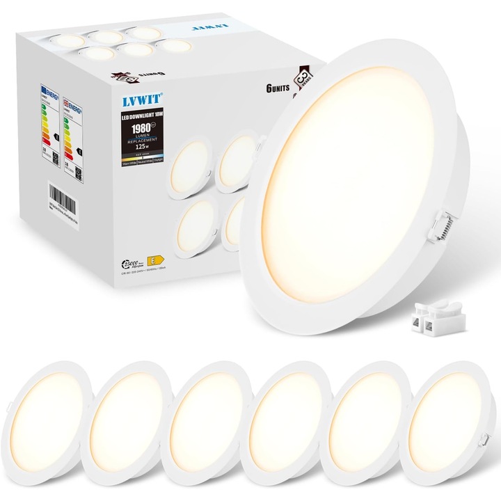 Set 6 Spot-uri LED Incastrate, 18W, pentru Baie si Bucatarie, 1980 lm, 4000K Lumina Neutra, IP44 Rezistent la Apa, Diametru 173 mm, Ultra-Subtire 33 mm, Plafoniera LED Economica pentru Tavan, Albe