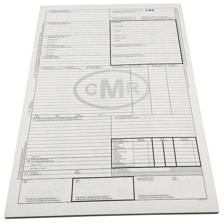 Carnet autocopiativ CRM, scrisoare de transport international, format A4, 21 x 29, 7 cm, in 4 exemplare, hartie colorata, 25 de seturi pe carnet