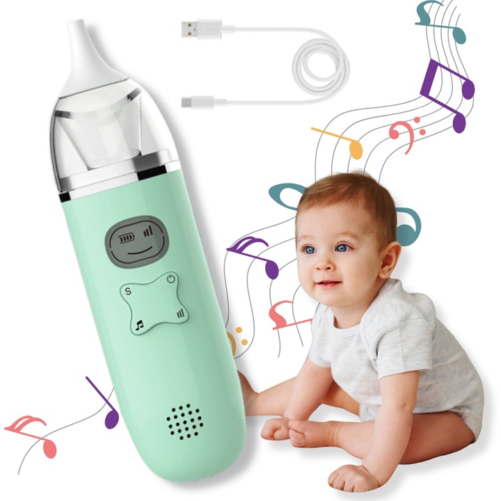 Aspirator Nazal Electric pentru Bebelusi, KIDOMY, Trei Niveluri Aspirare, Varf Silicon Moale, Muzica Linistitoare, Reincarcabil USB, Vernil