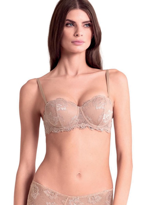 Lormar Deluxe Fascia 105L Aluna balconette melltartó, 88% poliamid/12% elasztán, merevített kosarak, teljes felületén finom csipkével borítva, levehető, állítható pántok, Rózsaszín