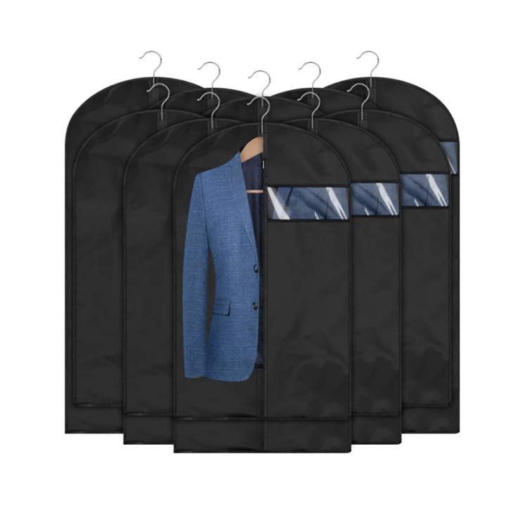 Set 5 huse de protectie pentru haine NEXTLY, pentru depozitare si organizare, waterproof, decupaj transparent, inchidere cu fermoar, 118x58cm, negru-transparent