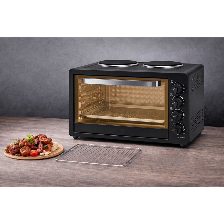 Cuptor electric, 48L, 2000W, plita dubla, timer, reglaj temperatura, usa din sticla, incalzire uniforma, negru