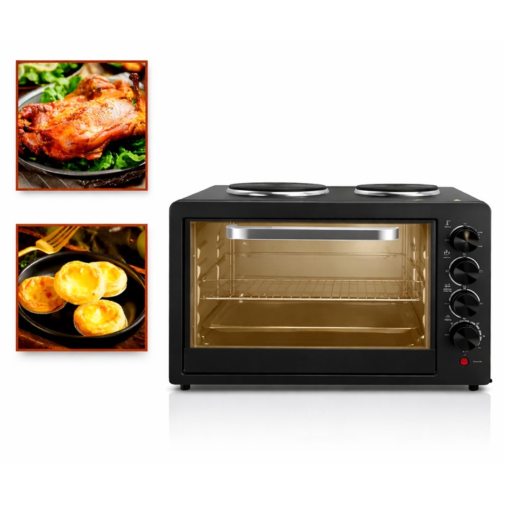 Cuptor electric, 48L, 2000W, plita dubla, timer, reglaj temperatura, usa transparenta, incalzire uniforma, negru