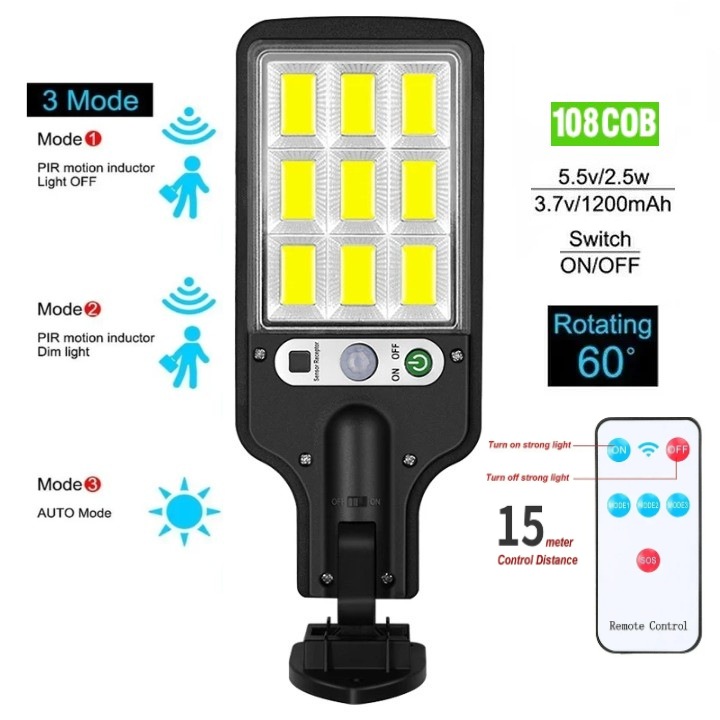 Lampa Solara Premium 108 COB LED Ultra-Puternica 1500LM, Senzor Miscare Inteligenta 270 Grade, Telecomanda Inclusa, Autonomie Mare 2200mAh, Rezistenta Apa IP65, Sistem Clip-On Versatil, Ideala pentru Iluminat Securitate Curte, Gradina, Garaj, Terasa