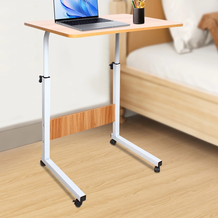 Masa laptop mobila, Birou reglabil pe inaltime, Roti blocabile, Blat MDF 12 mm, Cadru metalic, Independent, Alb