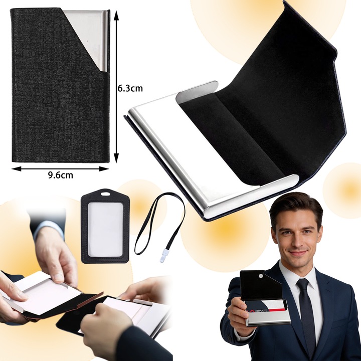 Set de suporturi pentru carti de vizita unisex din otel inoxidabil Omelivon®, suport pentru carti de vizita cu deschidere prin clapa, carcasa de buzunar, robusta si durabila (include 1 suport pentru carti de vizita + 1 suport pentru card de identitate)
