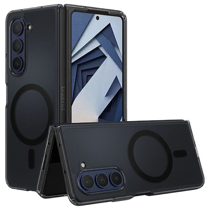 Husa cu magnet pentru Samsung Galaxy Z Fold 6, Magnetic Defense Remastered, Policarbonat mat, Spate fumuriu, Colturi cu protectie antisoc, Atasare magnetica, Wireless charging, Negru