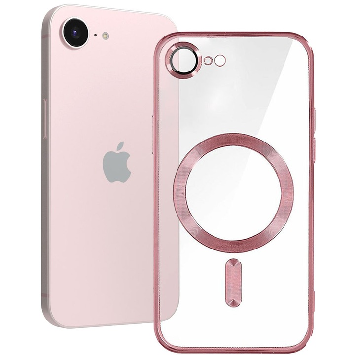 Husa tip MagSafe pentru Apple iPhone 17e, Glamour MagCase, Protectie lentile camere, Rama electroplacata, Accente metalizate, Margini ridicate, Incarcare wireless, Magnetica, Roz