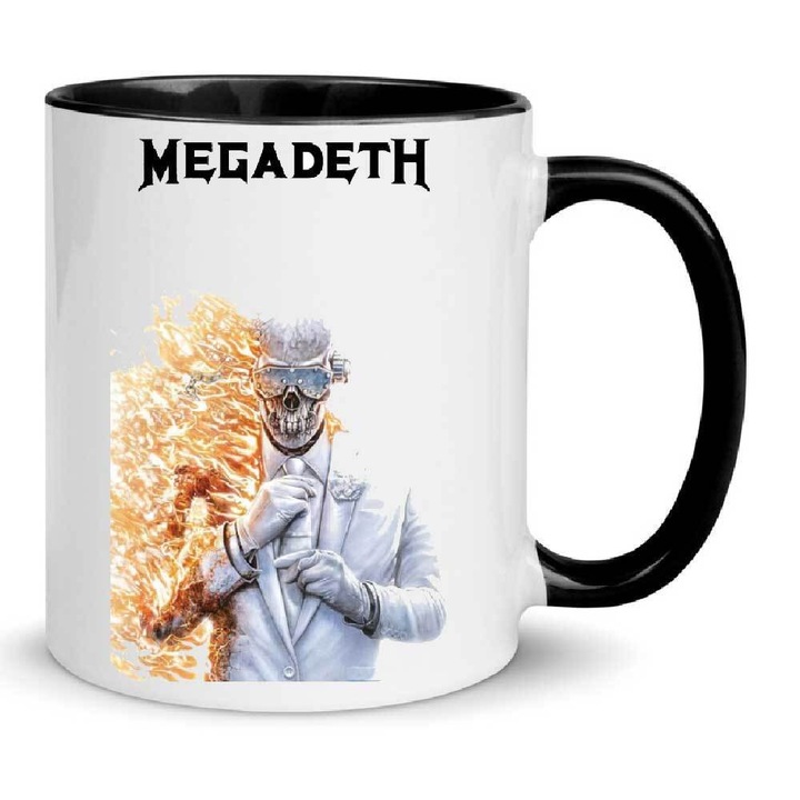 Cana Megadeth No3, ceramica premium, 330ml, alb cu interior negru, design cu imprimeu de inalta rezolutie, lavabila la masina de spalat.
