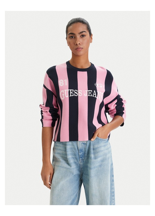 Pulover dama, Guess Jeans, dungi, bleumarin/roz, viscoza/poliester
