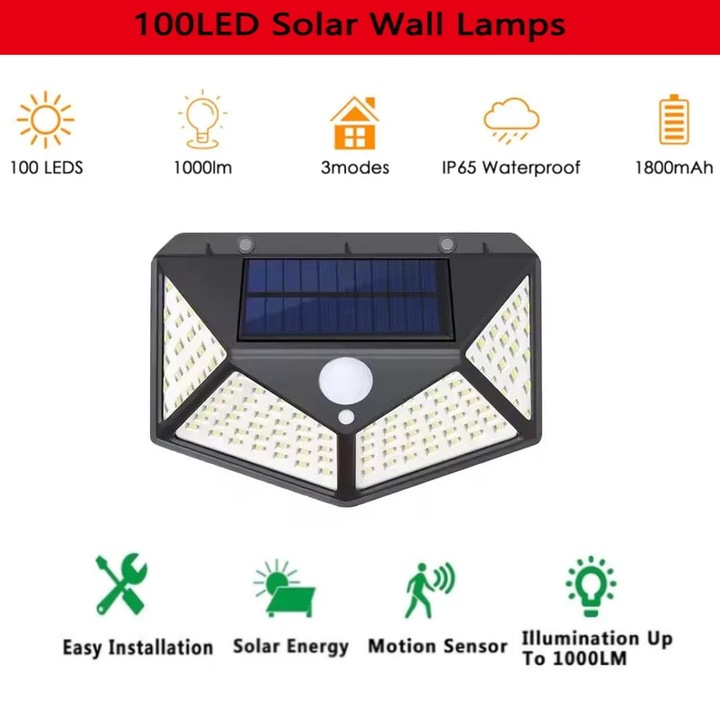 Lampa Solara de Exterior 100 LED cu Senzor de Miscare si Lumina, Flux Luminos 1000lm, Unghi Iluminare 270 Grade, Rezistenta la Apa IP65, 3 Moduri de Functionare, Panou Solar Eficient, Aplicatie Perete Gard Curte Garaj, Set Complet Montare Inclus