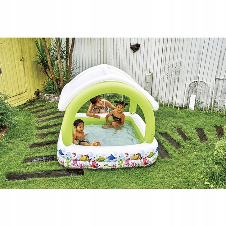 Felfújható Medence Gyermekeknek, 143x143x123cm, Fehér-Zöld, Zuhannyal, 240L Kapacitás, Javítókészlet