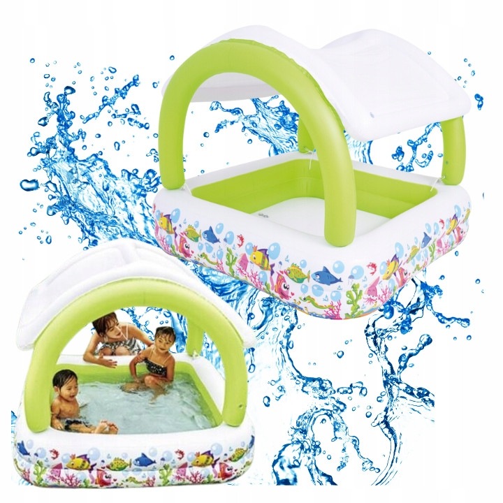 Felfújható Medence Gyermekeknek, 143x143x123cm, Fehér-Zöld, Zuhannyal, 240L Kapacitás, Javítókészlet