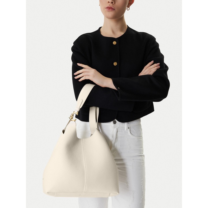 Geanta dama, Coccinelle, piele naturala, bej, One Size INTL, set cu sac de praf si poseta detasabila