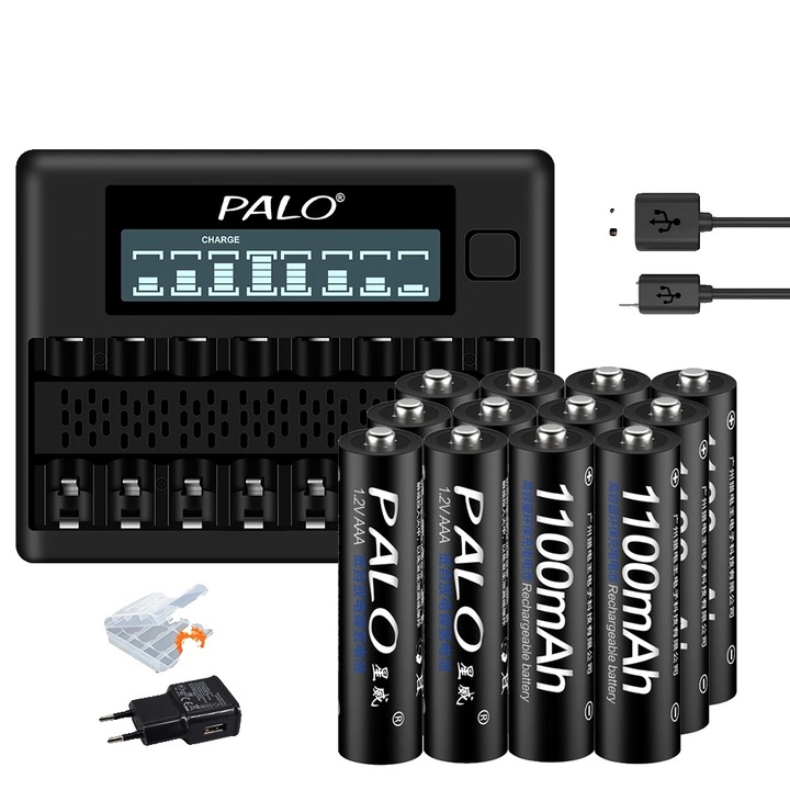 Set 12 Baterii AAA Reincarcabile 1100mAh cu Incarcator