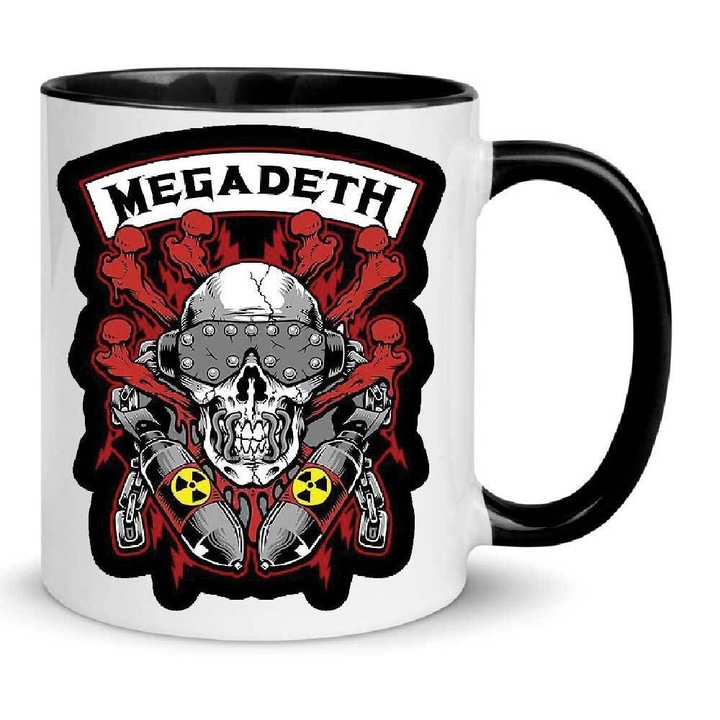 Cana Megadeth No8, ceramica premium, 330ml, alb cu interior negru, design cu imprimeu de inalta rezolutie