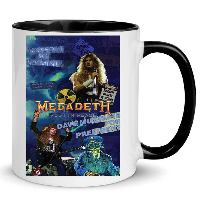 Cana Megadeth No9, ceramica premium, 330ml, alb cu interior negru, design cu imprimeu de inalta calitate