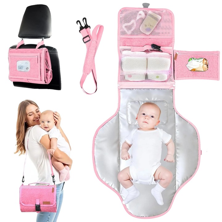 Saltea de schimbat scutece, roz, 68.5x56cm, impermeabila, cu acces rapid la servetele