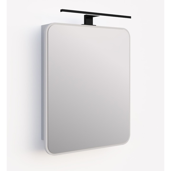 Dulap de baie cu oglinda si iluminare LED, alb, 3 rafturi, 50x60x14cm, complet cu o lampa de perete LED neagra mata