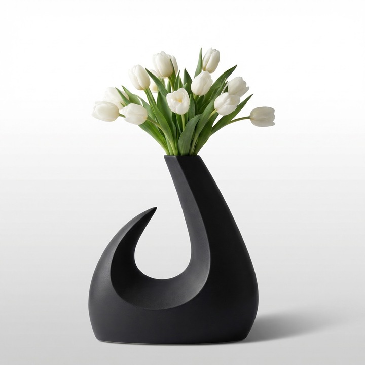 Vaza Decorativa Sculpturala in Forma de Semiluna, Negru, Plastic PLA, 24 cm