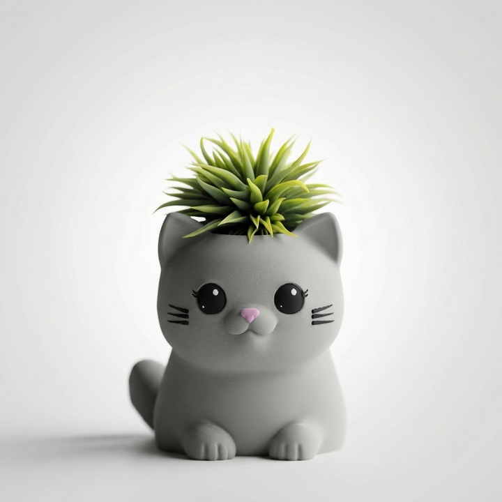 Ghiveci Mini cu Pisicuta Jucausa, Gri, Plastic PLA, 7 cm