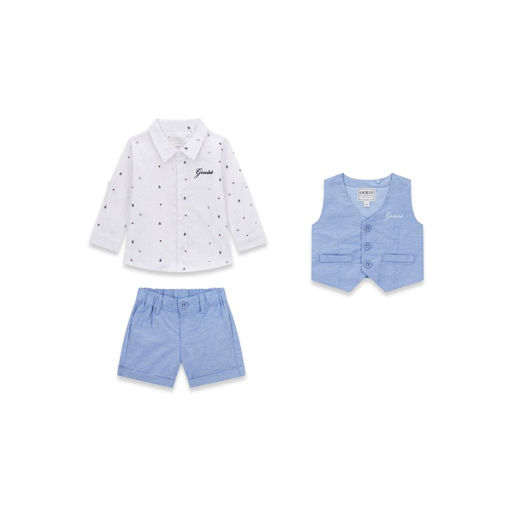 Set camasa, vesta+ pantaloni Guess, 71% bumbac, 27% poliester, 2% elastan, Albastru deschis