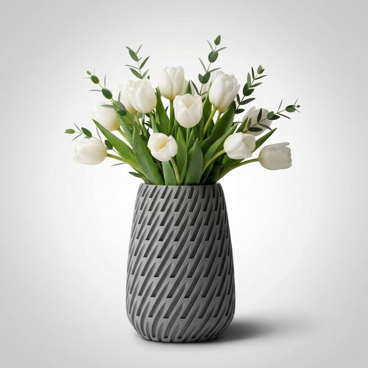 Vaza Decorativa cu Textura Fluida, Gri, Plastic PLA, 29 cm