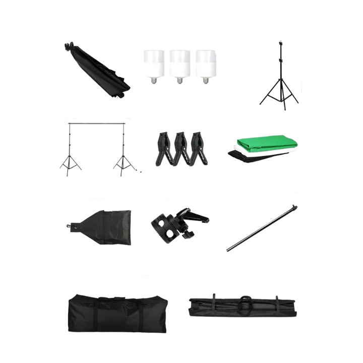Kit foto profesional, 35, 2x umbrele luminoase, 2x softbox 50x70cm, 8x LED 20W, suport fundal 2.6x3m, culori: verde, alb, negru
