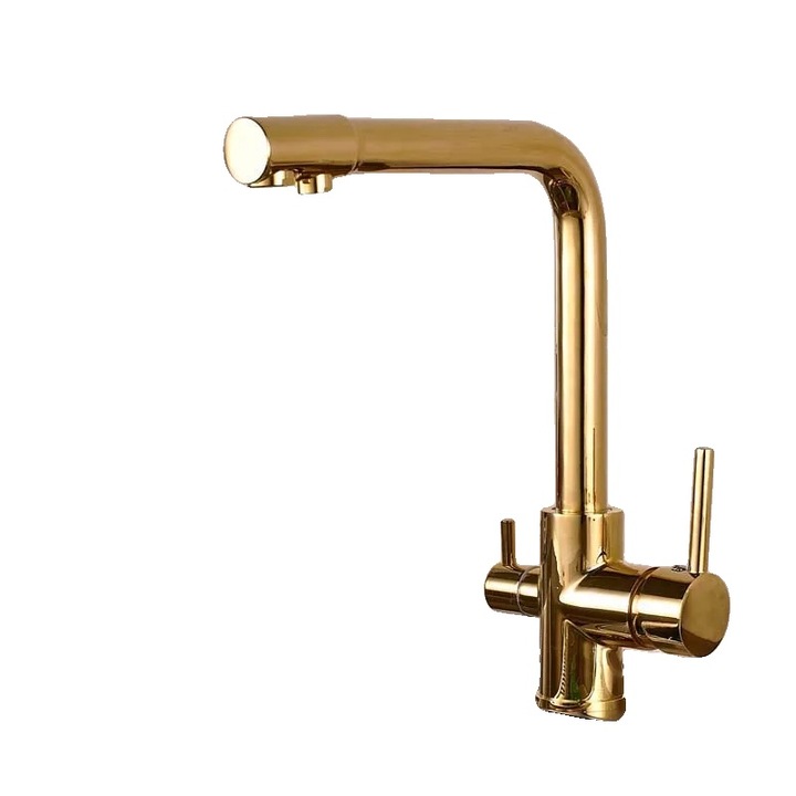 Csaptelep, dupla, hideg-meleg vizes, arany, pultra szerelhető, 360°-ban forgatható