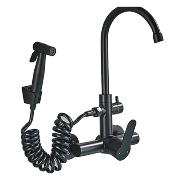 Fali csaptelep, 304 rozsdamentes acél, hideg és melegvizes keverő, fekete, 2 lyukú