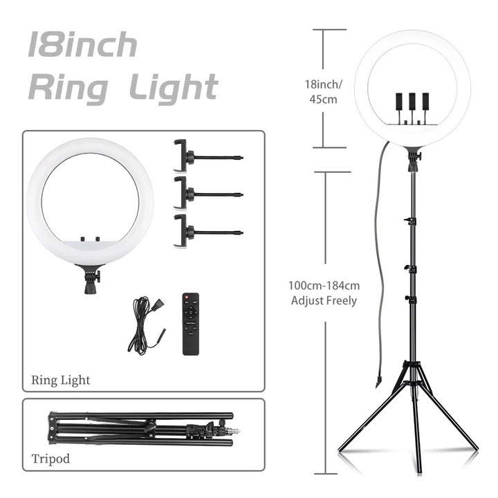 Lampa cu inel LED 18 inch, 55W, 4000 lumen, trepied 184cm