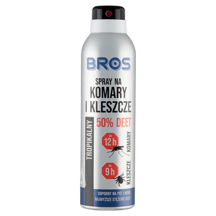 Spray repelent anti-tantari si capuse BROS, 50% DEET, rezistent la apa si transpiratie, protectie pana la 12h/9h, 180 ml