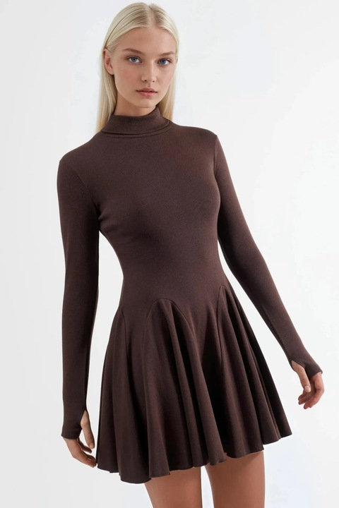 Rochie Busem Mini, guler inalt, maro, bumbac-elastan