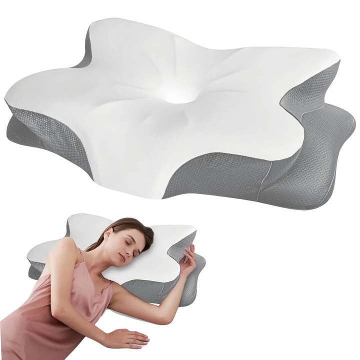 Perna ortopedica din spuma cu memorie, design ergonomic, alb, 63x42.5x9/13.8cm