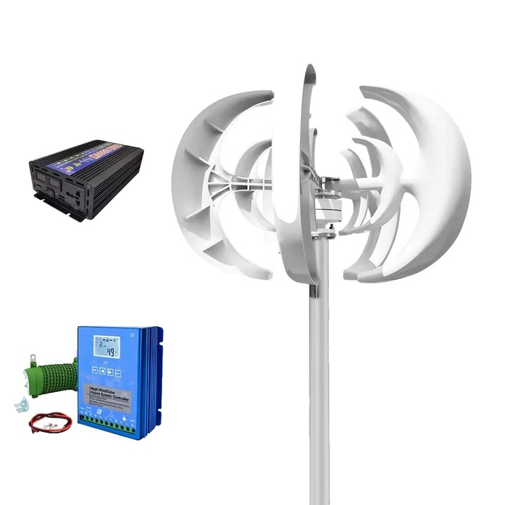 Вертикална вятърна турбина с инверторна система, 5000W, 12V, соларна интеграция, 5 лопатки