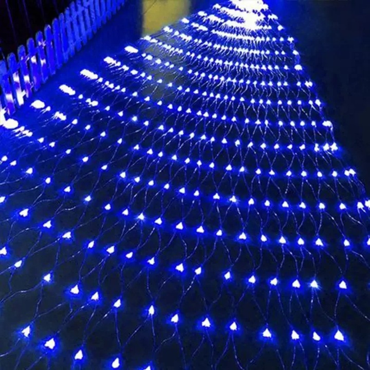 LED мрежа от светлини, Завеса, IP65 водоустойчива, Външна, 8 режима, ЕС щепсел, 12 V, 3x2 м, Синя
