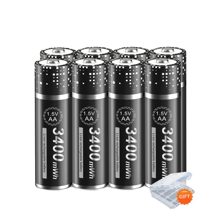 Set 8 Baterii Reincarcabile AA, Capacitate 3400mWh, Incarcator cu 8 Sloturi