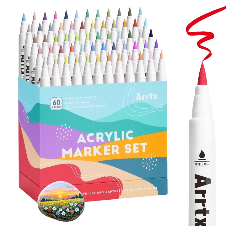 Marker artistic, 60 culori, non-toxic, rezistent la apa, set