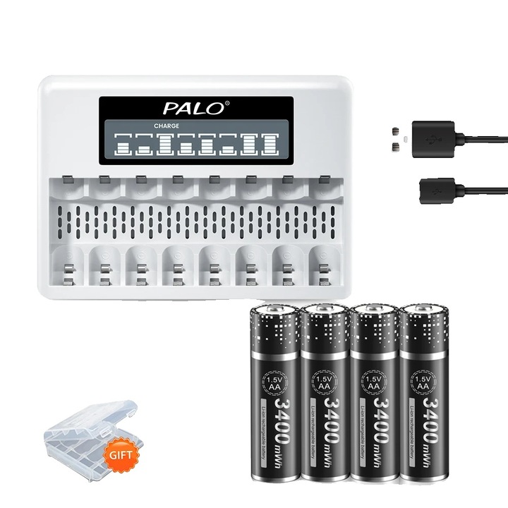 Set acumulatori reincarcabili 4AA cu incarcator 8 sloturi, capacitate 3400mWh, dimensiune AA