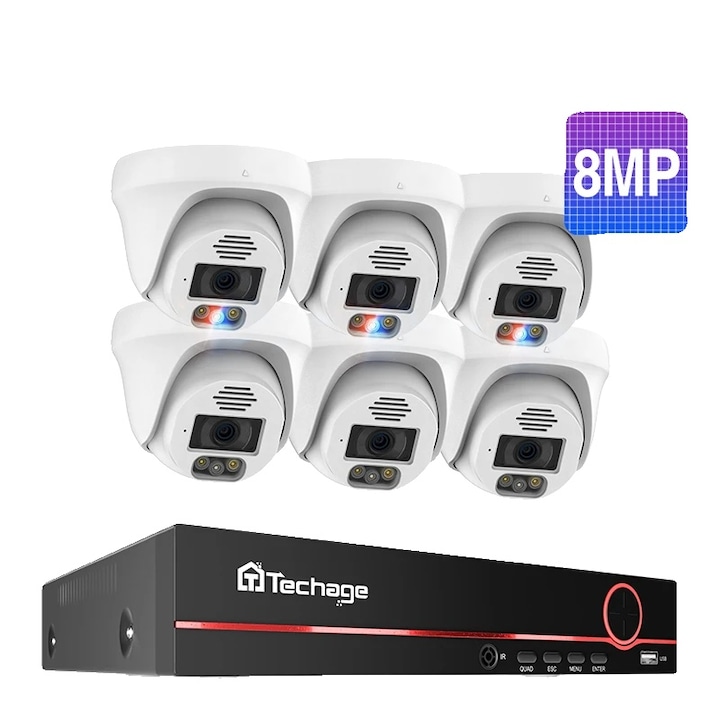 Kit Supraveghere, 8MP, 4 camere, audio bidirectional, 8CH NVR, 20m, impermeabil