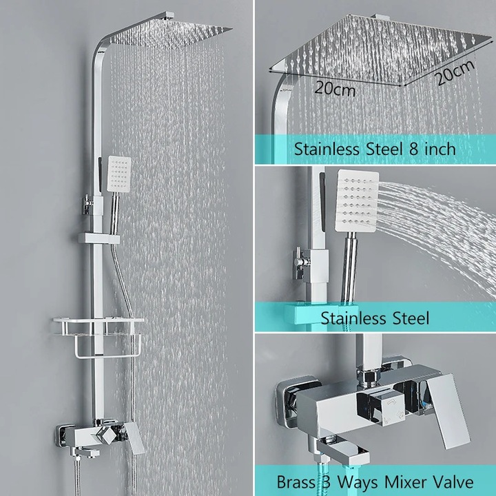 Set de dus cu efect de ploaie, 3 cai, 8 inch, crom, design durabil