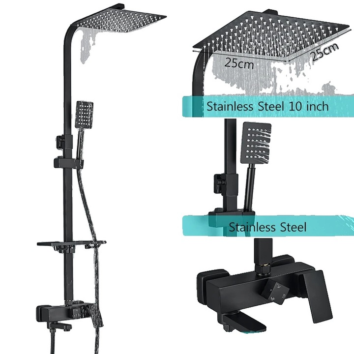 Set de dus cu efect de ploaie, 10inch, negru, 3 cai, constructie din alama