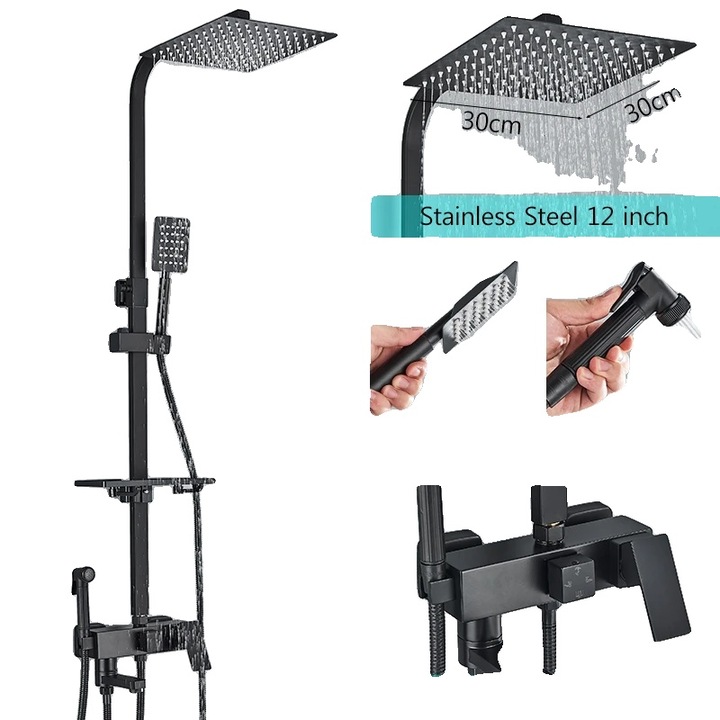 Set de dus cu efect de ploaie, 4 cai, 12 inch, negru, design durabil