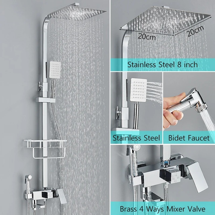 Set de dus cu efect de ploaie, 4 cai, 8 inch, crom, design durabil